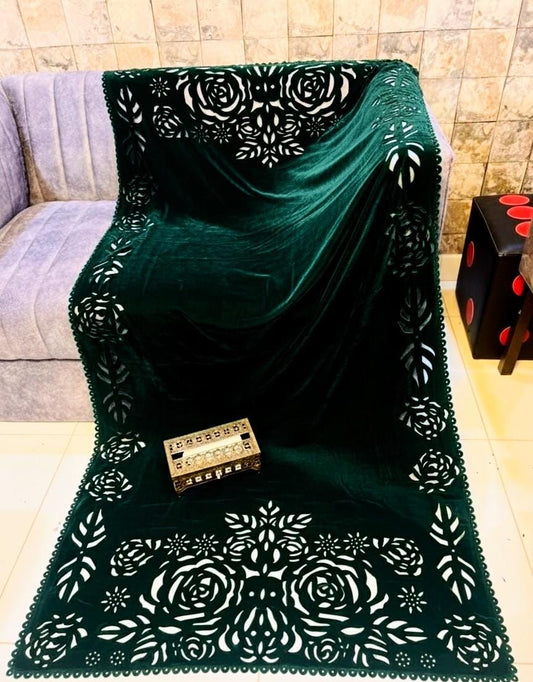 NEW LASER CUTWORK VELVET SHAWL (GREEN GULAB)