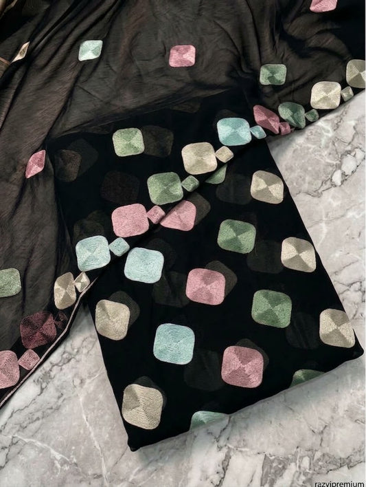 SOFT CHIFFON MULTI THREAD WORK UNSTICH 3pcs(black)