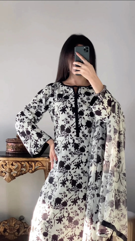 Aneelas. Summer swiss lawn 3pcs unstich dress(black & white)