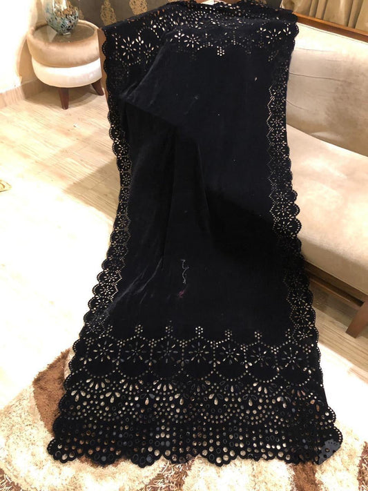NEW LASER CUTWORK VELVET SHAWL (Black-ROUND)