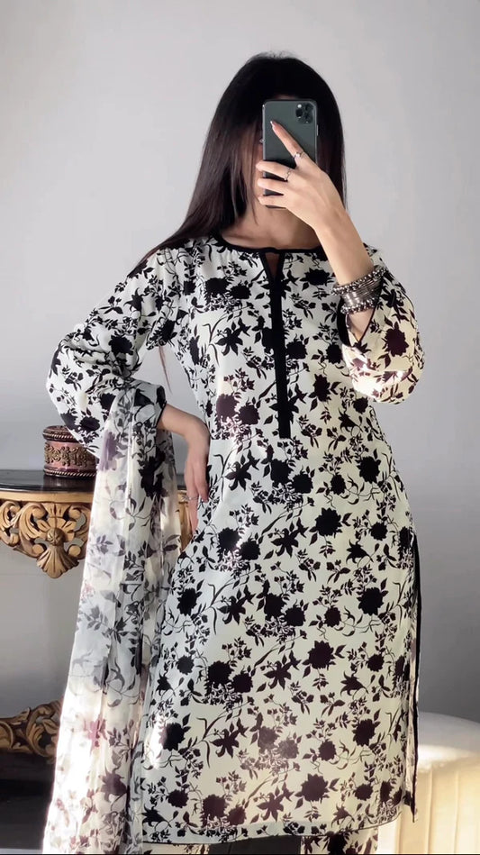 Aneelas. Summer swiss lawn 3pcs unstich dress(black & white)