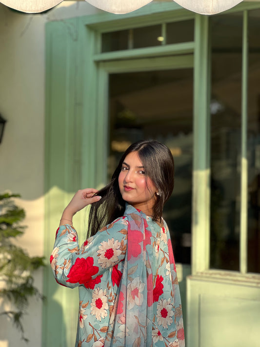 PRINTED SWISS LAWN 3PCS (Red-floral)