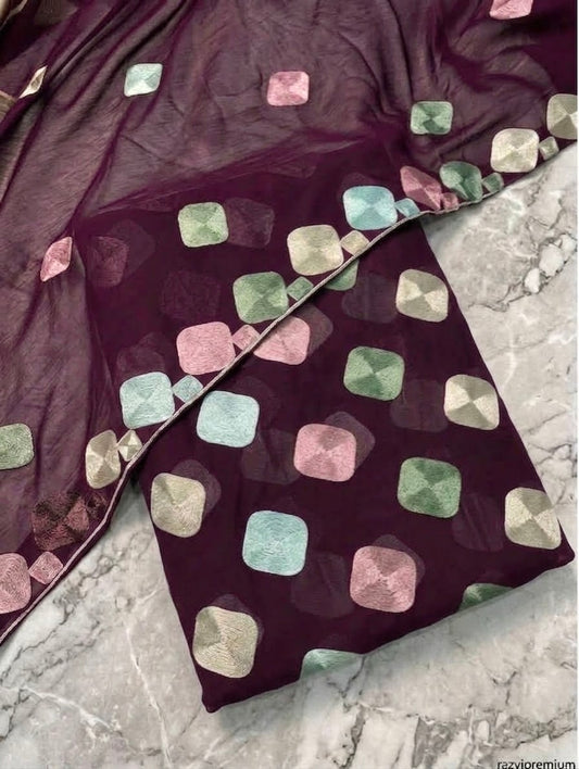 SOFT CHIFFON MULTI THREAD WORK UNSTICH 3pcs(plum)