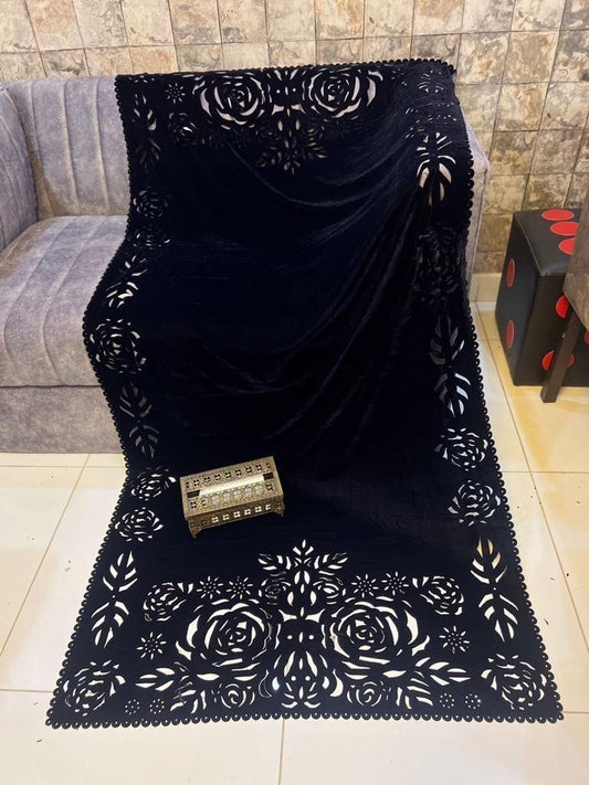 NEW LASER CUTWORK VELVET SHAWL (D-BLACK GULAB)