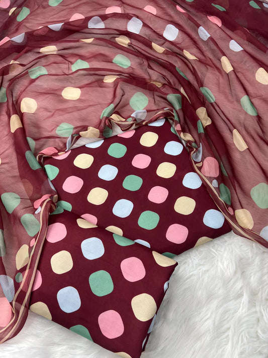 PRINTED SWISS LAWN 3PCS (Mehroon polka)