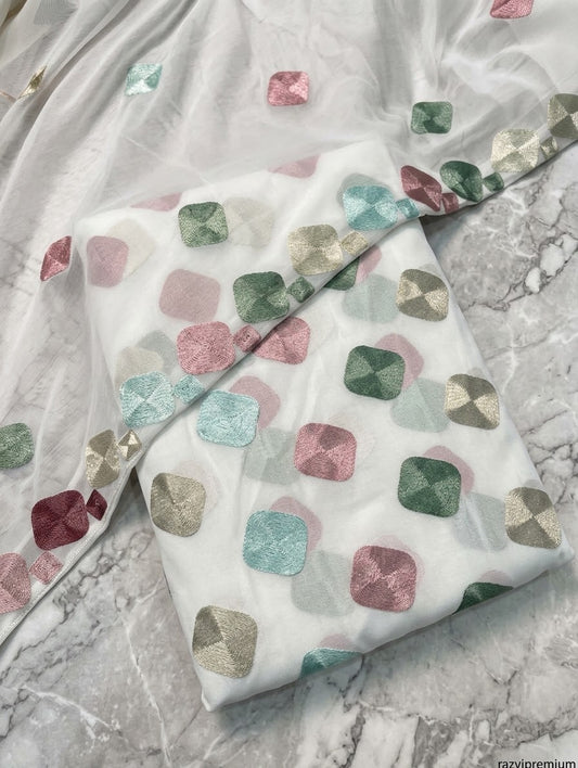 SOFT CHIFFON MULTI THREAD WORK UNSTICH 3pcs(white)